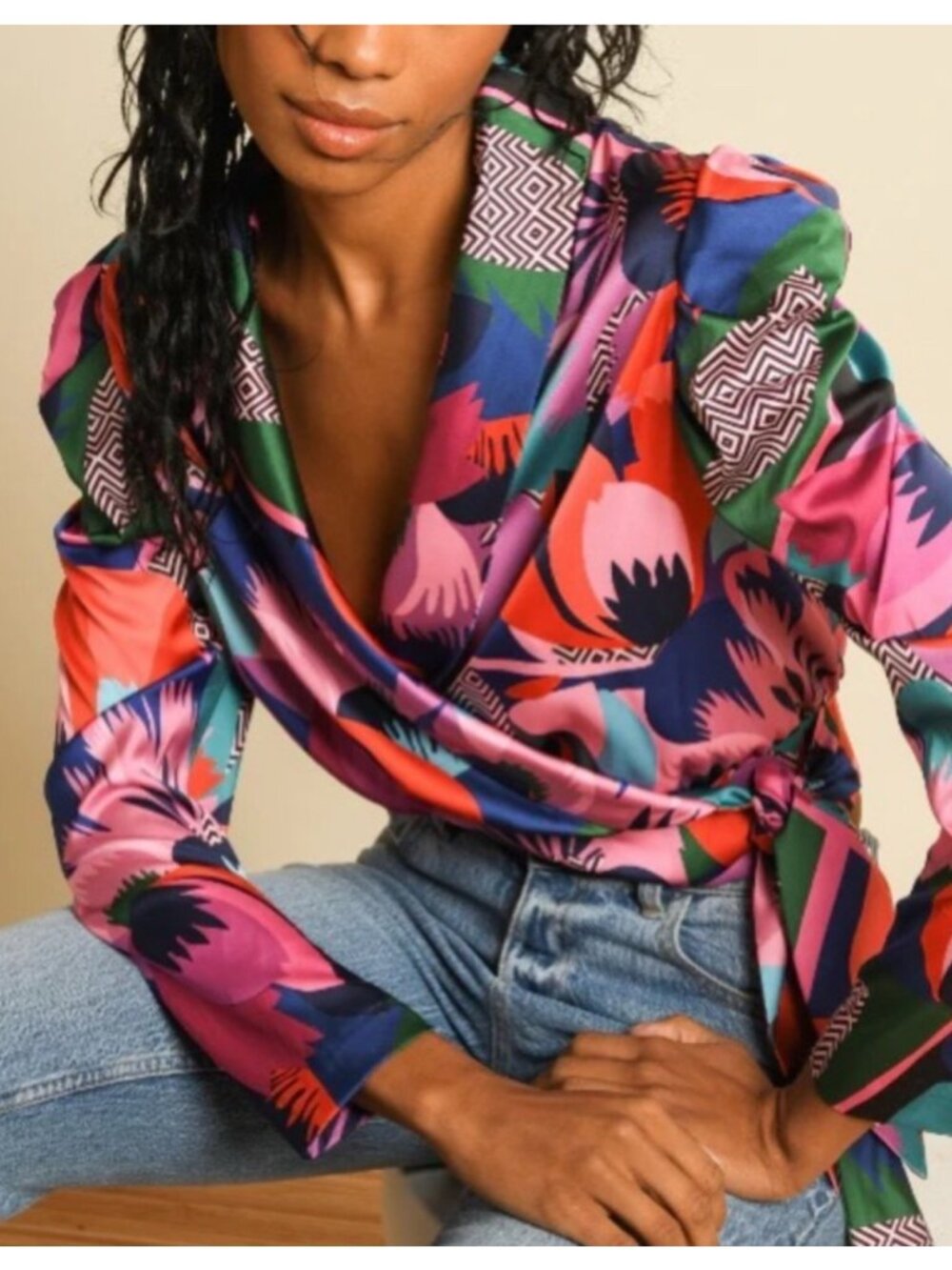 🛍 Hutch Pace Top Zany Floral Satin Wrap Blouse Purple Multi Size M